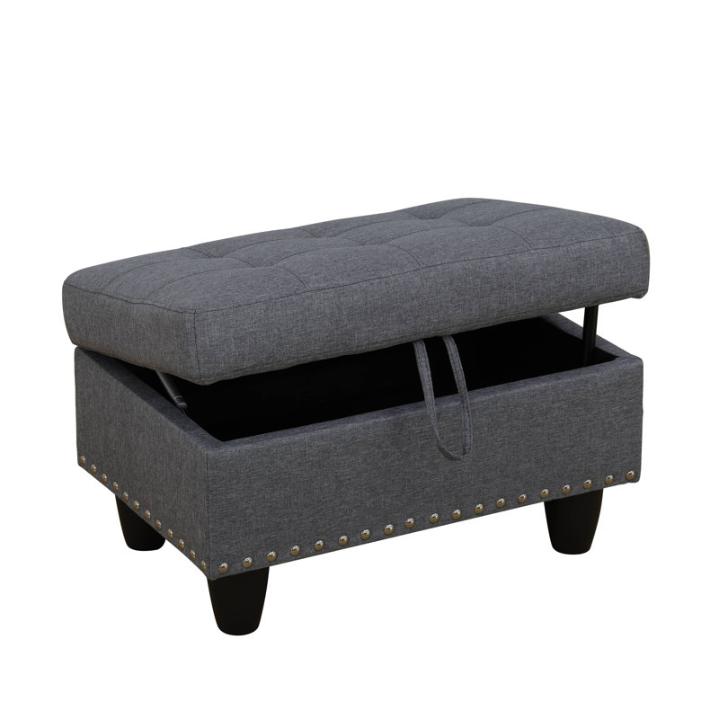 28.5" Tufted Linen Fabric Storage Ottoman Bench，Footstool With Nailhead Trim，Multi-Functional Ottoman For Living Room, Bedroom, Entryway