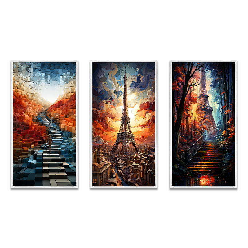 «Abstract Autum Stairway In Paris», 3 pièces sur toile, Cadre flottant blanc, H 28 po x l 36 po