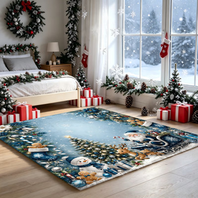 Festive Christmas Snowman Santa Claus Area Rug, Winter Holiday Decorative Floor Mat for Living Room, Bedroom, Kitchen, Decor