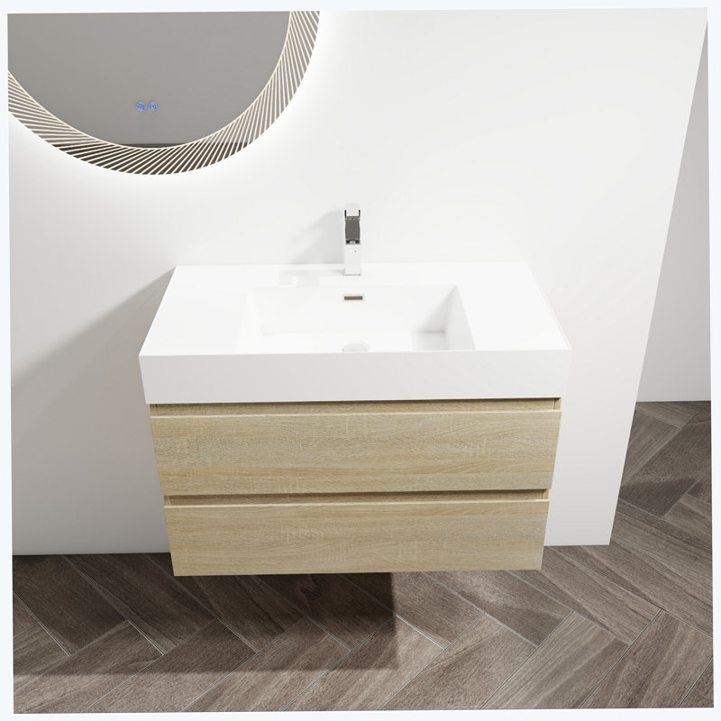 Meuble-lavabo simple 35,4 po avec plateau en céramique Hamdia, Chêne clair