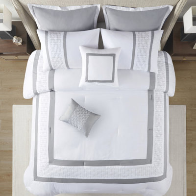 Queen 8 Piece Bedding Comforter - Embroidered Beauty Transitional Style White/Grey Comforter, , Shams, Euro Decorative Pillows Machine Washable & Attractive Size Pieced Details Hotel Decor White And