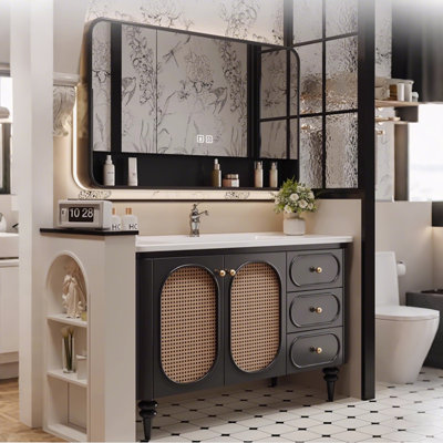 Black and White Rubberwood Freestanding Washbasin Vanity With a Mirror
