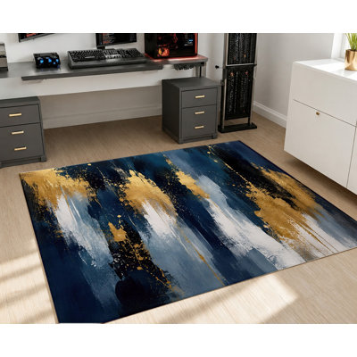 Tapis lavable à la machine abstrait avec éclaboussures abstraites et or bleu, envers antidérapant, tapis à motif coup de pinceau artistique moderne, décoration intérieure confortable pour le salon, la chambre à coucher, la salle à manger, le bureau, le coin-détente, un appartement, un couloir