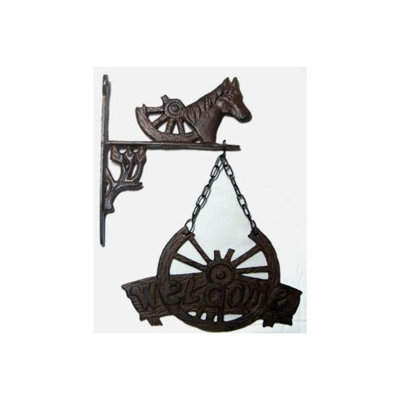Tête de cheval murale en fonte avec roue de chariot suspendue
