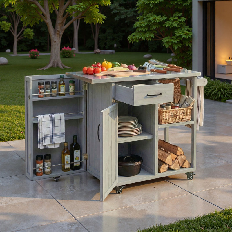 Îlot de cuisine extérieur avec plateau en acier inoxydable, serviette, étagères à épices, armoire, espace de rangement ouvert et tiroir
