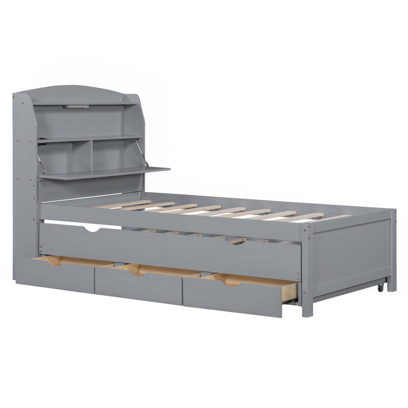 Wooden LED Platform Bed With Trundle,With Storage Headboard,With Drawers, Gray, Twin