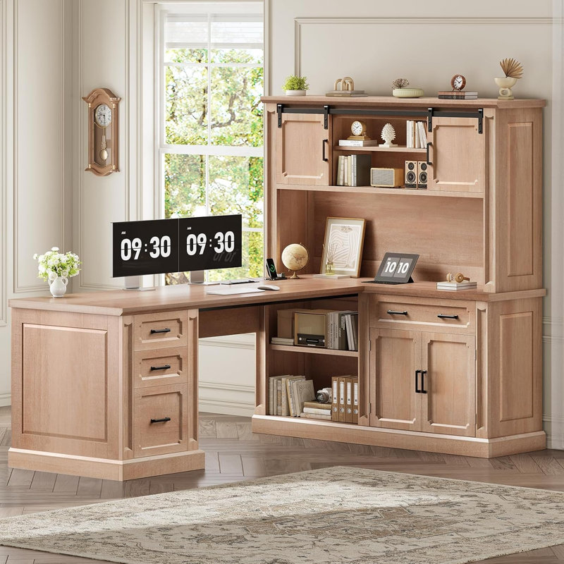 Farmhouse L Shaped Desk With Hutch, 67" Executive Home Office Desks With 4 Drawers, Oak
