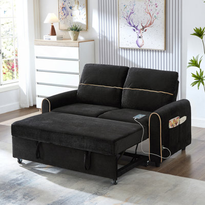 Chenille Pull-Out Sofa Bed With 3-Position Adjustable Backrest, USB Charging Ports, And Side Storage Pockets For Modern Living Spaces.