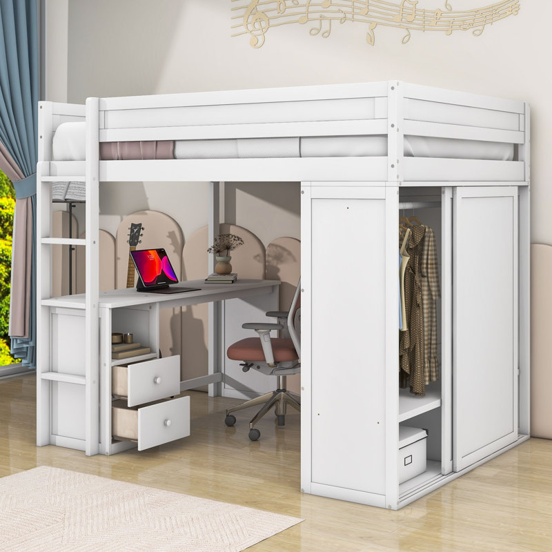 Helfrid 2 Drawer Loft Bed with Built-in-Desk, Full, White