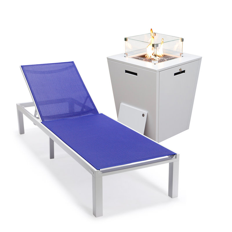 Ensemble de chaises longues d'extérieur en métal avec table, Bleu marine, gris
