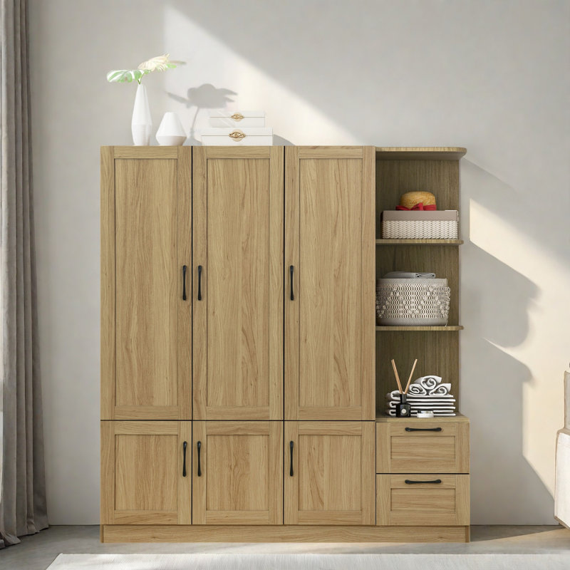 Armoire en bois avec tablettes de rangement latérales, 2 tiroirs et armoires, Naturel