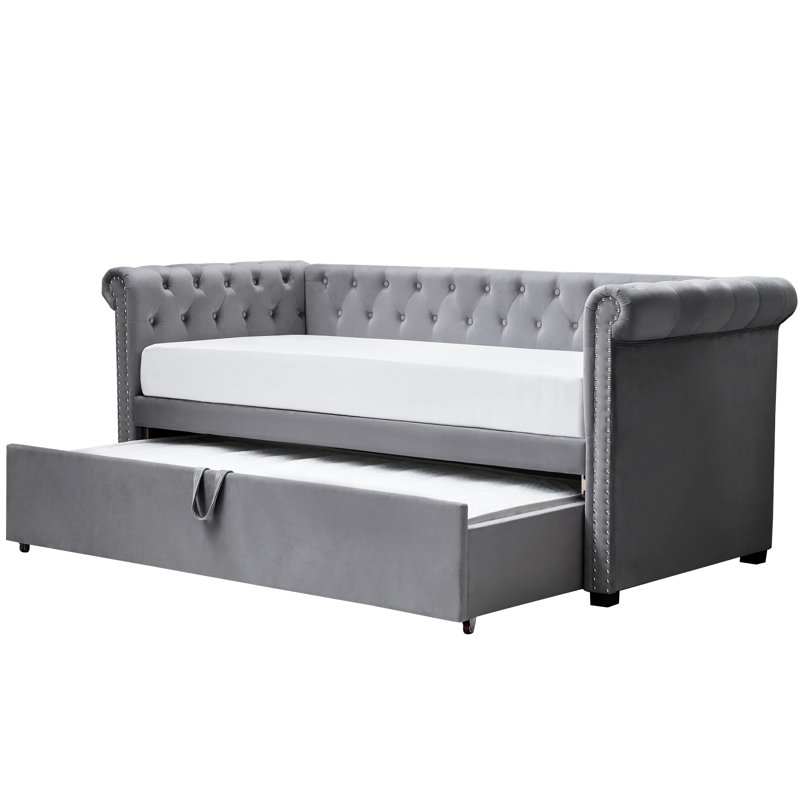 Kaeden Upholstered Daybed with Trundle, 23cm Single Sprung + 12cm Memory Foam Mattress