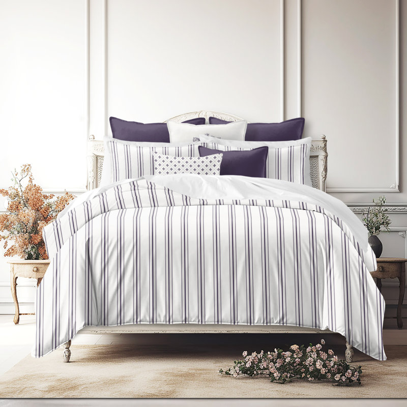 August Stripe Reversible Cotton Duvet Cover Set, Eggplant, Cal.King Duvet Cover + 2 King Shams