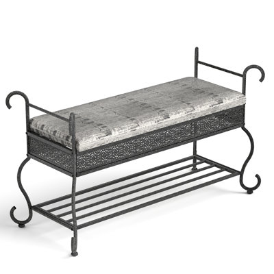 Rustic, Upholstered Step Stool, Black And Silver Color, Fabric Metal Construction, Shelf Storage, Industrial, Rectangular Stool Bench, Color Scheme, Material, Open Undershelf, Comfortable Seating
