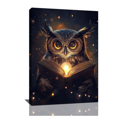 Owl Wall Art, Funny Owl Reading Book Pictures Wall Decor, Animal Canvas Prints Painting, Framed Artwork For Library Reading Room Bedroom Living Room Bathroom Office 24"X 16"