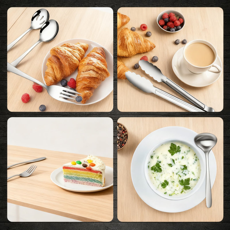 Ensemble d'ustensiles de service 12 pièces en acier inoxydable avec cuillères, fourchettes, pinces, louche et pelle à gâteau pour le buffet et la maison, allant au lave-vaisselle