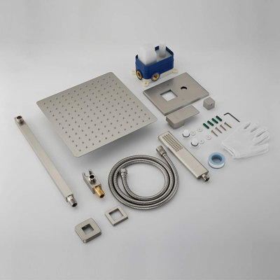 Iriber High Pressure Rainfall Shower System With Concealed Installation - 12 Inch Square Rain Shower Head, Handheld Shower, Brass Shower Arm And Mixer Valve Combo Set
