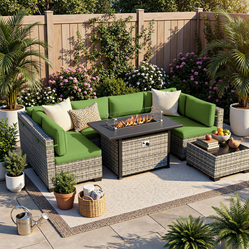 8-Piece Modular Outdoor Sectional Seating Set With Propane Fire Pit Table And Cushions, 3 Pcs: Sectional, Fire Pit, Table