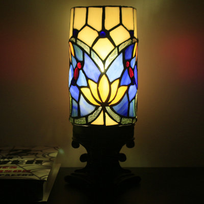 Petite petite lampe de table Tiffany de style lotus bleu en verre coloré 4 po x 10 po