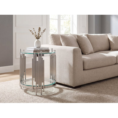 Table de bout ronde 1 pièce en verre et métal argenté avec plateau en verre trempé rond 17,72 x 17,72 x 21,65 po