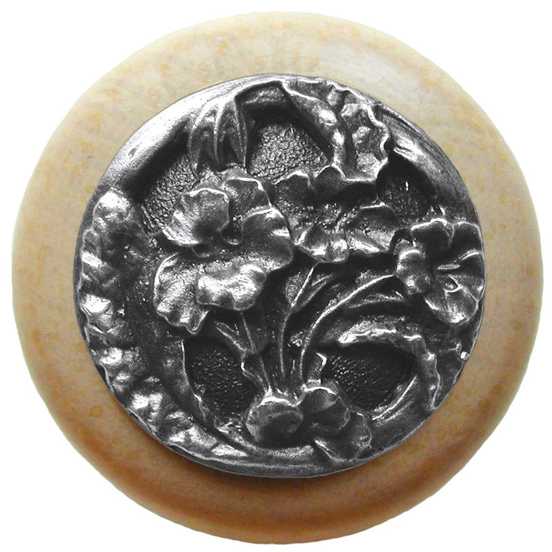 Poignée champignon floral de 1,5 po de diamètre, Étain antique / bois naturel