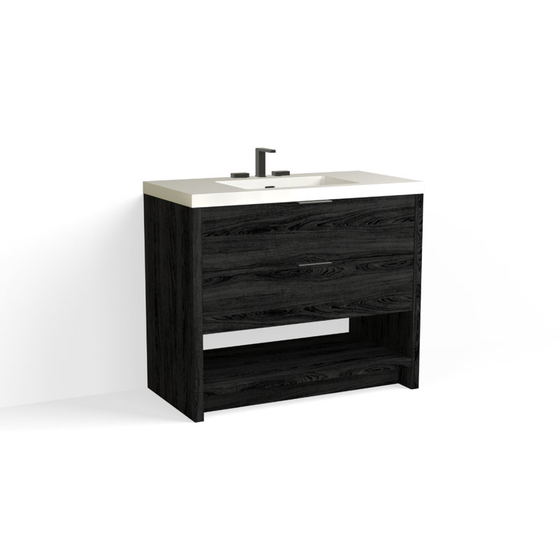 Vue 42" W Freestanding Single Bathroom Vanity, Glossy White/8" Widespread, Matte Black, White Nanomatte