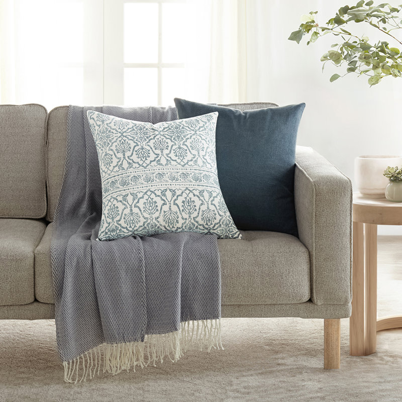 Antique Floral Cotton Throw Pillow, Light Blue
