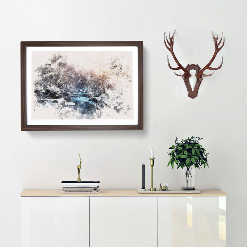 Winter Forest & Stream In Canada Watercolour - Framed Print, 33cm H x 45cm W x 2cm D, Walnut
