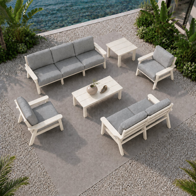 Ensemble de conversation de patio en PEHD pour 7 personnes avec coussins, ensemble de canapé de patio toutes saisons, ensemble de conversation extérieur