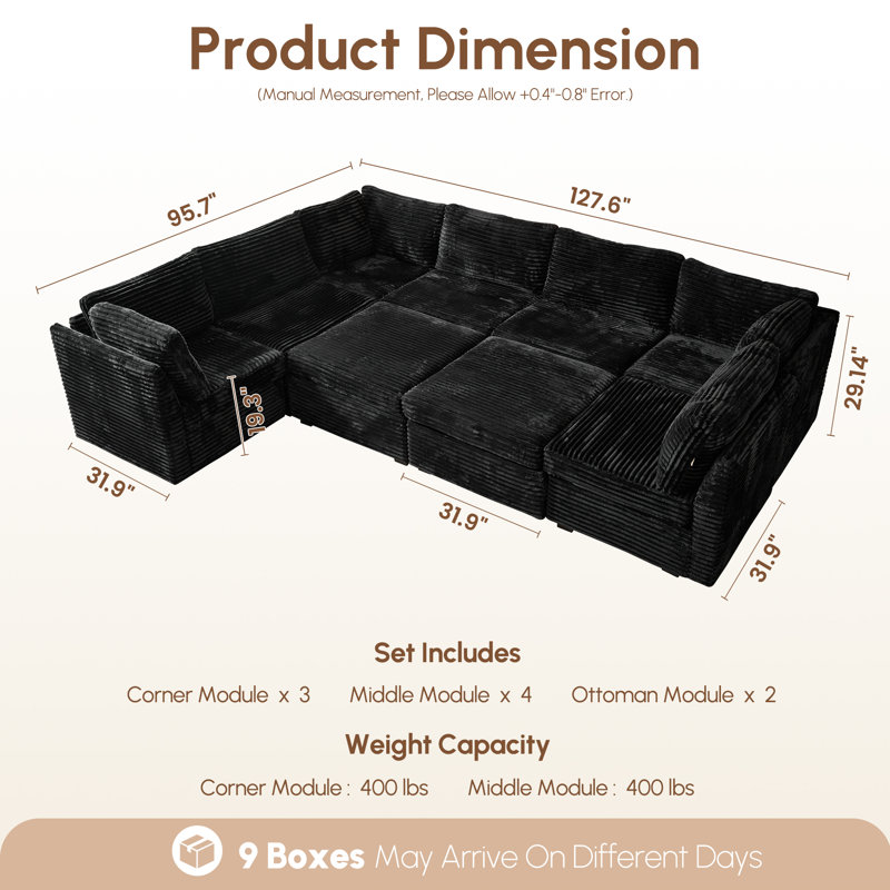 U-Shaped Sectional Plush Corduroy Section Sofa Combination, 9 Seats, With Ottoman, Random Combination, Black Corduroy