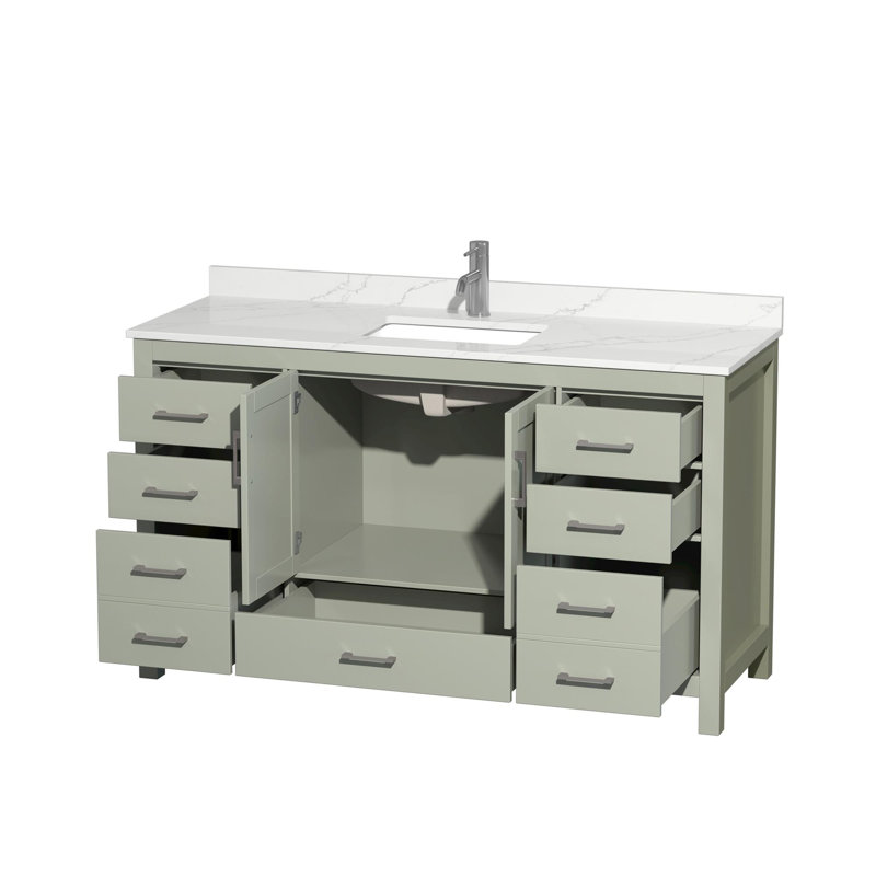 Sheffield 60" Freestanding Single Bathroom Vanity with Quartz Top, Green, Brushed Nickel, Giotto Quartz