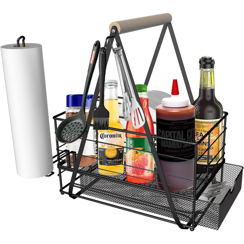 Chariot de pique-nique et chariot à barbecue, chariot à condiments, chariot à barbecue, rangement à compartiments réglables, avec compartiments à tiroirs, robuste et épais, facile à transporter, rangement rapide pour accessoires de barbecue