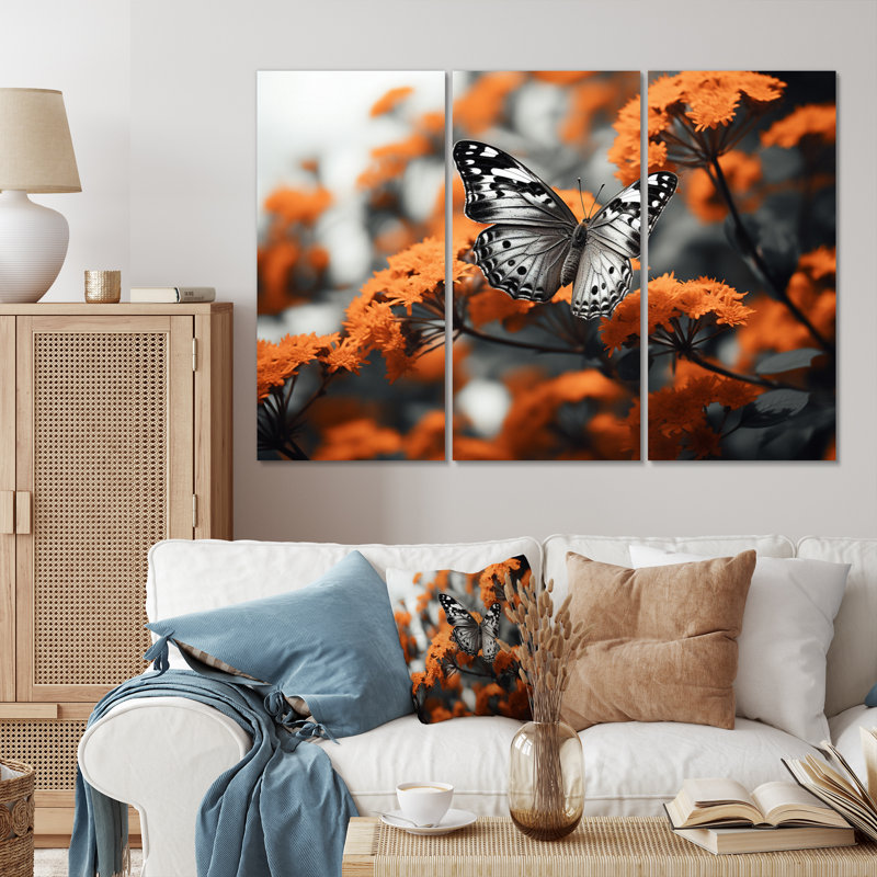 Papillon corail noir flottant grâce 3 pièces, H 28 po x l 36 po x P 1 po