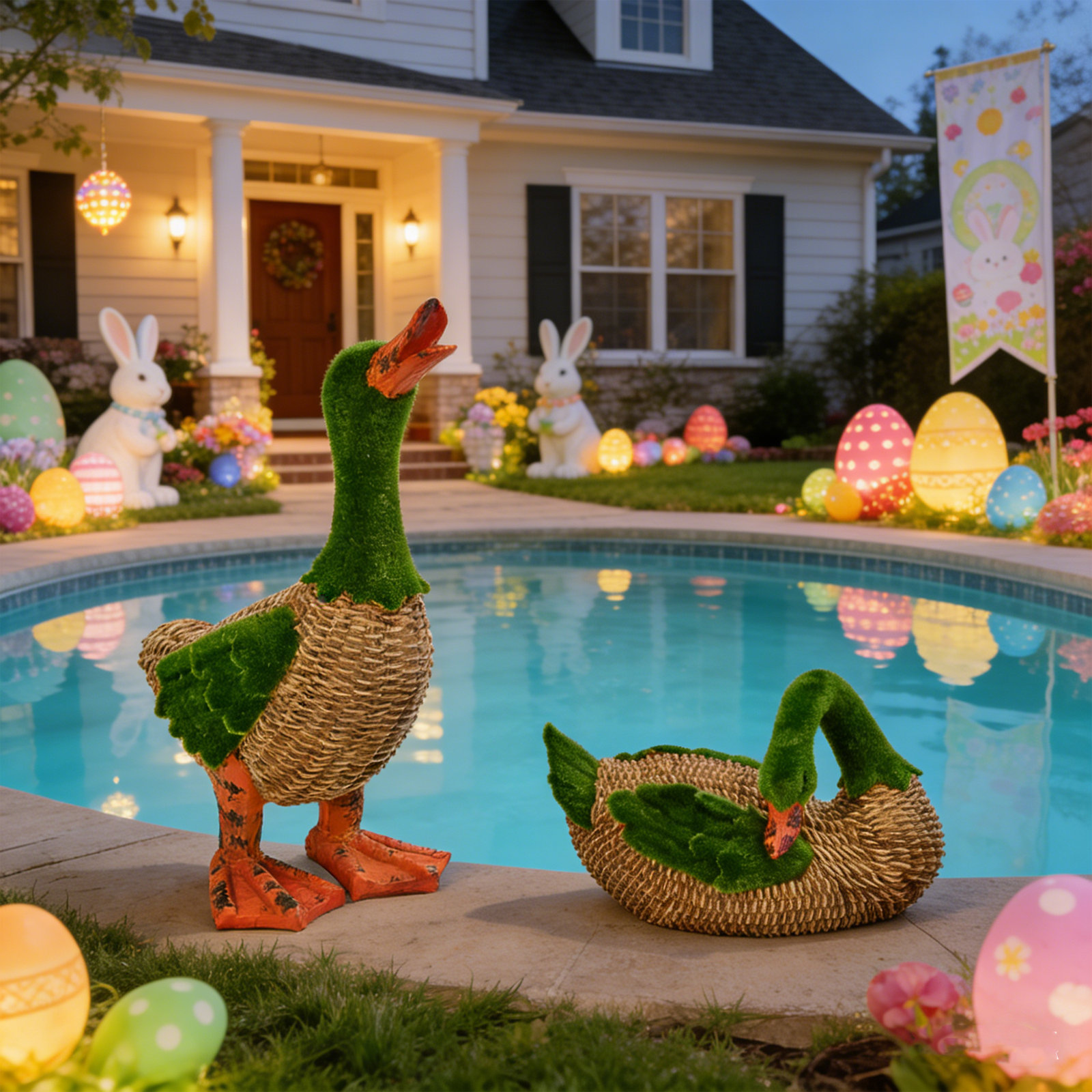 2PCS Easter Moss & Rattan Duck Decor Set - Whimsical Spring Duck Figurine For Home, Table, Or Garden - Cute Easter Holiday Decorations