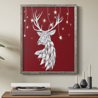 Cerf blanc et étoiles suspendues, reproduction encadrée - bois massif