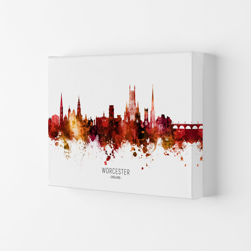 Worcester England Skyline Red City Name by Michael Tompsett - Print, 59.4cm H x 84cm W x 4cm D, Wrapped Canvas