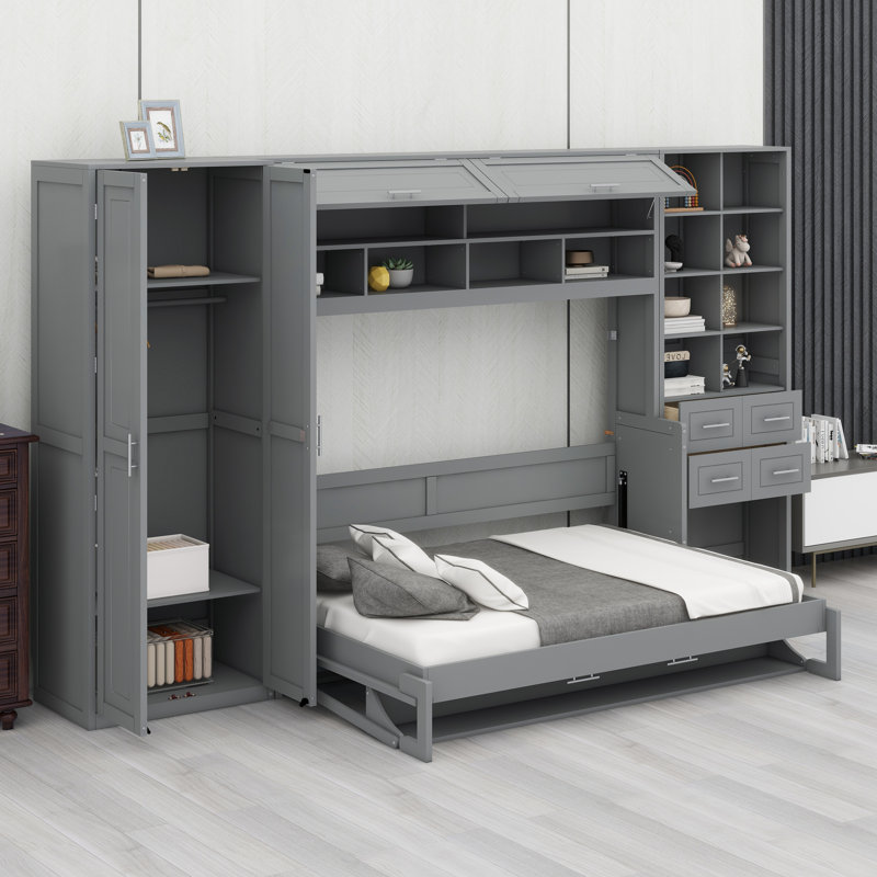 Lit escamotable Murphy avec placard, tiroirs et tablettes, Blanc, Grand lit