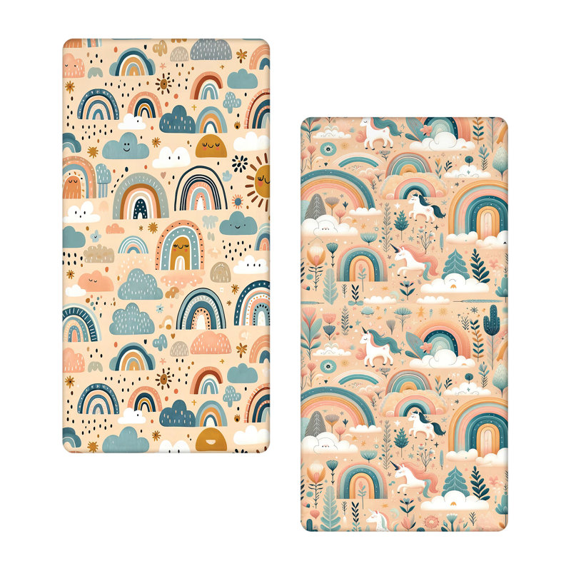 Twin Blue and Peach Microfiber Unicorn and Rainbow Fitted Sheet Set