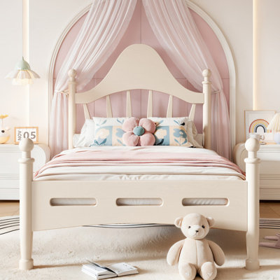 Lit plateforme simple avec tête de lit chic, structure de lit en bois massif avec support à lattes, pas de sommier tapissier et conception basse à terre, beige