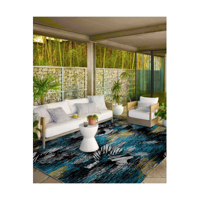 Machine Washable Winged Patterned Blue Woven Base Area Rug