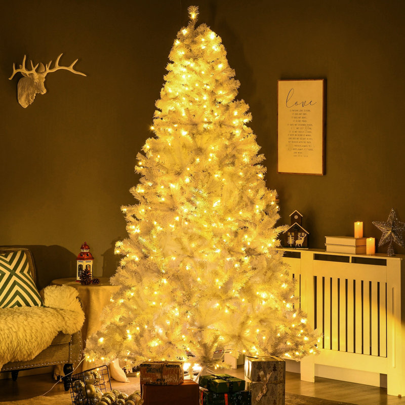 Arbre de Noël 7,5 pi pré-éclairé, 1518 branches, 500 blanc chaud, ouverture automatique, blanc, arbre facile à assembler et à ranger avec fonction ouverte, ignifuge, assembler