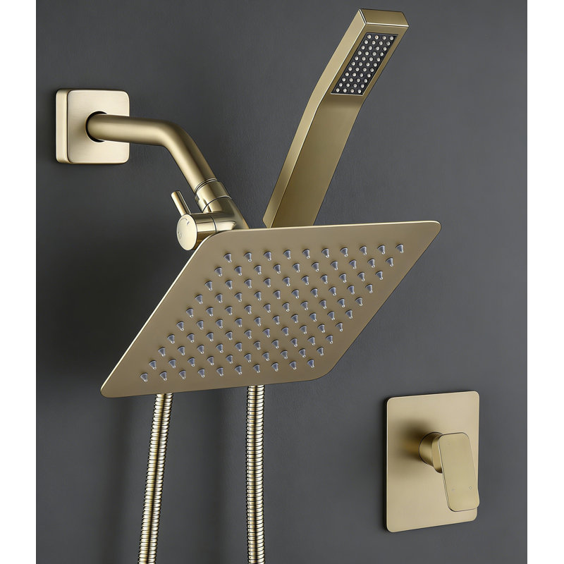 All Metal Shower Faucet Set, Square Shower Head， Handheld Shower Head，Hose, Brushed Gold
