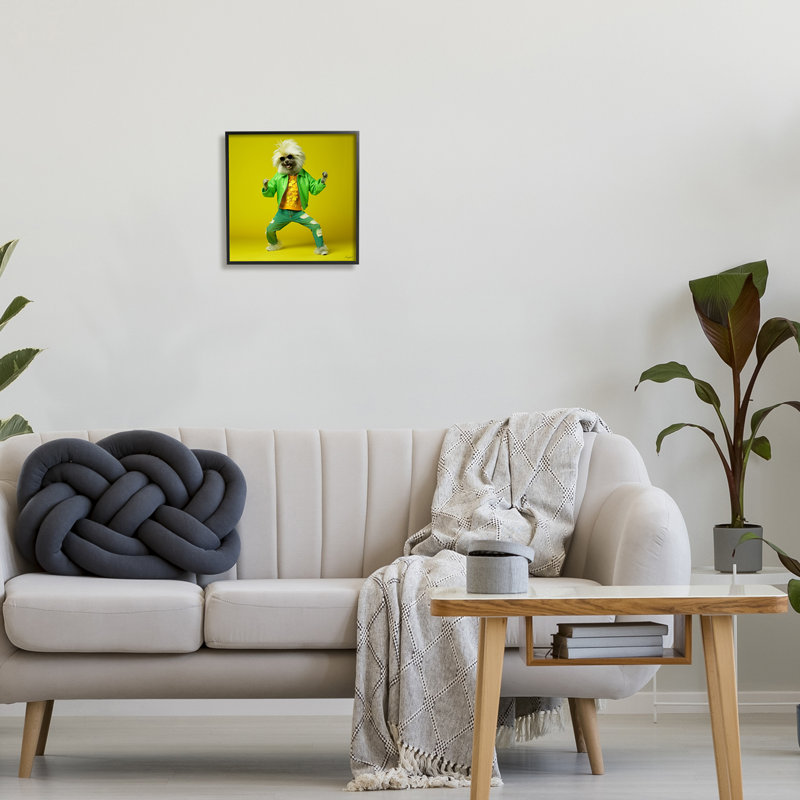 Az-163-encadré chien dansant vert par Roozbeh, H 12 po x l 12 po x P 1,5 po, Giclée encadrée noir minuit