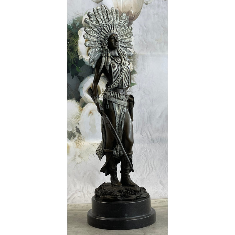Native American Warrior Girl In Feathered Headdress Bronze Statue Signed Original 18 Inches X 6 Inches