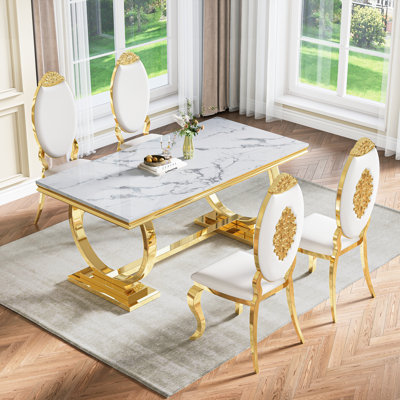 70" Dining Table Set, Faux Marble Dining Table Set With High Backrest Dining Chairs, Modern Kitchen & Dining Room Sets