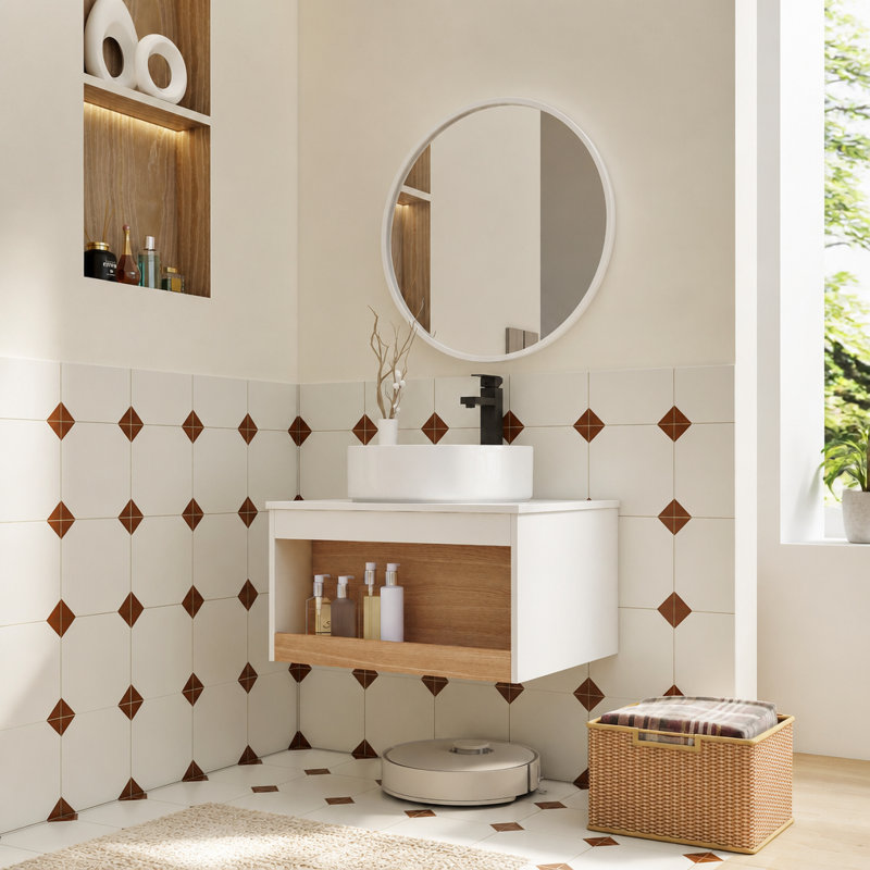 Meuble-lavabo suspendu avec lavabo rond blanc brillant, meuble-lavabo mural avec tablette ouverte, fini blanc et comptoir durable, design moderne peu encombrant (livré en 2 paquets)