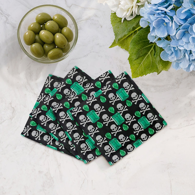 Gem Emeralds Skull Cotton Sateen Cocktail Napkins, Black