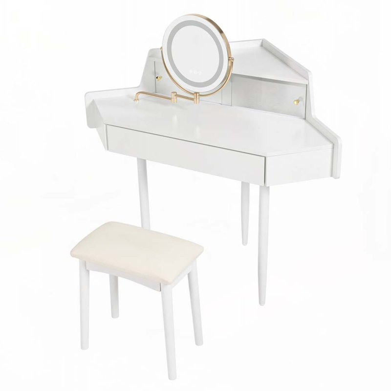 Bureau de maquillage avec grand rangement, miroir à DEL et tabouret, luminosité réglable pour des routines de beauté précises