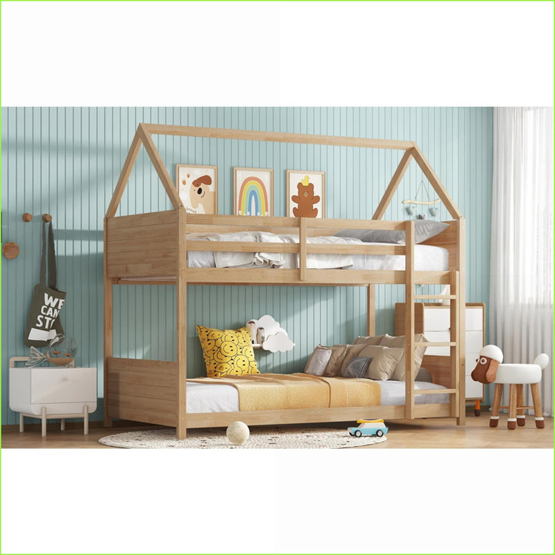 Twin Over Twin Rubber Wood House Bunk Bed with Guardrails, No Box Spring Needed, White Oak, Oak