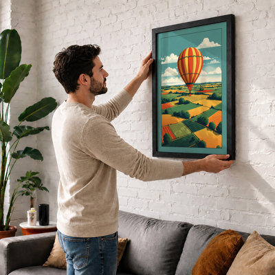 Balloon Above Patchwork Fields Vintage - Framed Print
